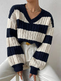 Zingj New Autumn Winter Lazy Loose V Collar Twist Knit Color Stripe Sweater Long