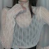 Women See Through Transparent Mesh Womens Tops And Blouses Long Sleeve Sheer Ladies Turtleneck Shirt Blouse Blusas