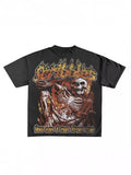 New Skull Print Mode Short-Sleeved Round-Collar Street Wash Hip-Hop Fashion Brand Retro Loose