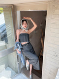 2 Piece Grey Long Skirts For Women Summer 2022 Korean Fashion Midi Wrap Skirt High Waist Bottoms With Belt