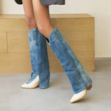 Fashion Denim Knee High Boots Women Wedges High Heel Long Boots Slip On Pointed Toe Autumn Winter Woman Boots Big Size