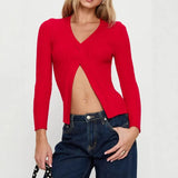 T-Shirt Women's Knitted Sexy Hot Babes Bare Back Long Sleeve Cover Umbilly Short Bow Topess