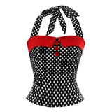 Women Vintage 50s 60s Shirt Floral Print Button Halter Hollow Pinup Retro Cropped Tops Rock Sexy Rockabilly