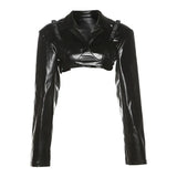 2025 Fashion Trend Women's New Long-Sleeved Collar Open Umbilled Slimming PU Leather