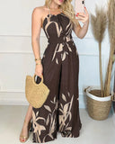 Summer Holiday Wear Clothes Women's Sexy Halter Colorblock Slit Leg Jumpsuit Printed Sleeveless Casual