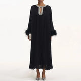 Famous Wind Loose Meat Shading Dress 2025 Summer New Water Drill Ostrich Hair Design Long Dress Dress