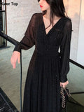 Elegant France Sequin Party Dress Vintage Long Sleeve V-Neck A-Line Robe Women Spring Solid Slim Vestidos