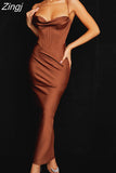 Women Maxi Bodycon Dress 2023 New Arrivals Lined Pink Spaghetti Strap Dress Sexy Celebrity Club Night Party
