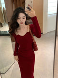 Vintage Chain Square Neck Long Sleeves Midi Dresses for Women 2023 Autumn New Sexy Bodycon Evening Party Female