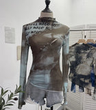 Pure Want To Play The Bottom Of The Long-Sleeved T-Shirt Design Hollow Print Irregular Mesh Yarn Personality Hottie Top