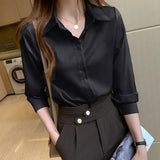 Women's Silk Shirts V-neck Solid Laides Tops Womens 2023 Spring Fashion Satin Long Sleeve Blouses Button Up White OL Vintage