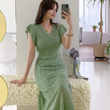 Summer Women Korean Style Retro Knit Midi Dresses Set Women Elegant Female Clothing Robe