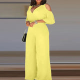 Hollow Off Shoulder Romper Women V Neck Half Sleeve Solid Romper Overall Fashion High Waisted Belt Wide Leg Pants