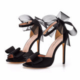Cm Sexy Large-Size Net Yarn Bow Bow Fish Mouth High Heel Sandals Shallow Word With Round Head Sandals 4546