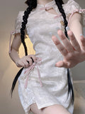 Harajuku Cheongsam Dress Women Sweet Floral Bow Bandage Lolita Dresses Y2k Sexy Aesthetic Puff Sleeve Vestido