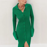 LongSleeve Bodycon Knitted Maxi Sweater Long Dress Lady Elegant Female Turn Down Collar Midi Split Slim Dresses