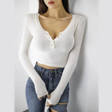 V-Neck Sexy Crop Top female long Sleeve Sashion Solid Color lady Tees Comfy Summer Basic Chic Thin T shirt See