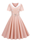 Women Vintage Dresses Cocktail Wedding Party 1950s Vintage Clothes Shawl Collar Double-Breasted Retro Elegant Flare