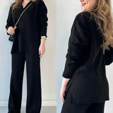 Zingj 2023 New Solid Color Fashion Lapel Loose Casual Sweater Two Sets Of Women-Outfit
