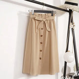 Autumn Skirts Womens 2021 Midi Knee Length Korean Elegant Button High Waist Skirt Female Pleated School
