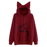Women Hoodies Sweatshirt Kawaii Pink Winter Cat Pattern Long Sleeve Moletom Hooded Sweatshirts Ear Hooed Mujer