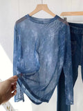 Zingj Shot Giant Beautiful Denim Blue Mesh Undershirt Women's Cuff Button Slit Thin Long-Sleeved T-Shirt Top