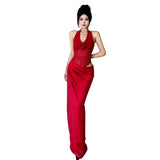 Spring And Summer New Women's Temperament Retro Fake Two Hanging Neck V-Neck Empty Net Yarn Dress
