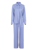 Blue Satin Home Wear Suit Spring Brown Long Sleeve 2 Piece Top And Pants Women Sets Loose Casual Solid Ladies Trousers