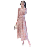 Zingj Temperament V Collar Floral Long Sleeve Dress 2024 Summer New Waist Show Thin Dress In The Long Skirt Female Ins-Outfit
