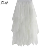 Tulle Skirt Women Elastic High Waist Mesh Midi Skirt Plus Size Elegant Design Pleated Tutu Skirt Female Jupe
