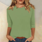 Zingj Women's Top With A Round Collar Seven-Sleeve Solid Color T-Shirt-Outfit
