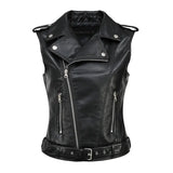 Women's New Solid Color Slim Short Locomotive Vest Lapel Belt Zip Commuter Pu Leather