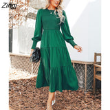 PETAL Green Smocked Long Sleeve Maxi Dress For Women Round Neck Long Sleeve Party Dress 2023 Autumn Winter Female