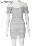 Sexy Mesh Bodycon Off Shoulder Mini Dress Women See Through Ruched Bandage Dresses 2022 Summer Party Evening