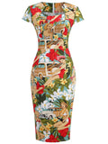 Vintage 50s Party Dress Women Short Sleeve Office OL Midi Dress Summer Vestidos Floral Print Rode De Cocktail Bodycon