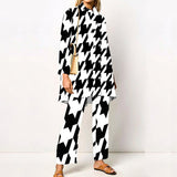 Turn Down Collar Blouse + Wide Leg Pants Outfits Women Autumn Long Sleeve Tee Suit Elegant Floral Printed Two Piece