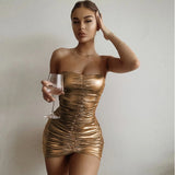 Strapless Bronzing Gold Mini Dress For Women Summer Sexy Backless Ruched Vestidos Sleeve Bodycon Nightclub Party