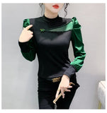 Women Full Puff Sleeve Beading Cotton T-shirts Girl Patchwork Contrast Color T Shirt Female Autumn