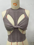 Zingj Sexy Irregular Sleeveless Hollow Kink Wool Woven Vest Women's Fashion Half High Collar Solid Color Crop-Outfit
