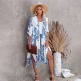 Blue Bohemian Print Dress Sexy Long Kimono Tunic Women Clothing Summer Beach Wear Solid Loose Maxi Dresses