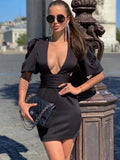 Sexy Puff Crystal Diamond Sleeve Bodycon Dress Women Elegant Backless Mini Dress High Street Black Deep V-neck