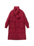 Scarf Long Down Jacket Female 2024 Winter Korean Sweet Thick Pocket Over The Knee White Duck Down High-End Coat-Outfit