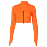 Women Autumn Fashion Long Sleeve Zipper Solid Color Slim Crop Tops T Shirt 2021 Fall Female Wholesale Clothes