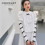 Puff Sleeve Bow White Womens Tops And Blouses Long Sleeve Crop Top Pullovers Spring Designer Blouse 2021