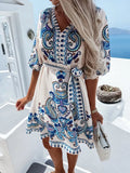 Holiday Casual Boho Beach Dress Women Retro Printed Party Dress Summer V Neck Lace Patchwork Hollow Out Pleated Mini