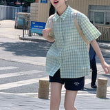 Zingj Loose Green Plaid Short-Sleeved Shirt Female Summer Design Sense Small Minority Lapel Shirt Thin Coat