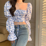 Shirt Women Puff Sleeve Elegant Beautiful Blouses Off Shoulder Floral Top White Crop Tunics Korean Fashion