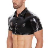 Zingj Men's PVC Bright Leather Jacket Sexy Slim Short Sleeve Half Leather Shirt Size
