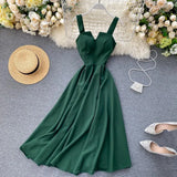 2021 Sexy V-neck Vintage Back Bandage Dress Women Summer Elegant Big Swing Long Party Dress Female Green Beach