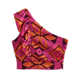 Print Ruffle Crop Top Women Asymmetric Off Shoulder Tops For Women 2023 Summer Sleeveless Top Female Boho Beach Sexy